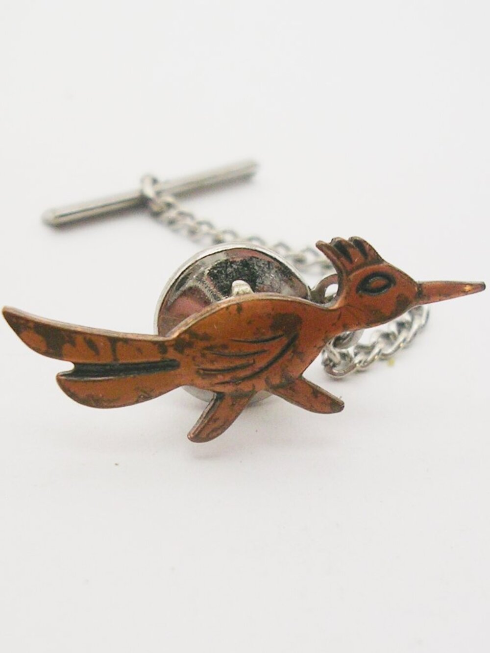 Vintage Zuni Bird Road Runner Tie Tack Pin with Chain classic Necktie Holder